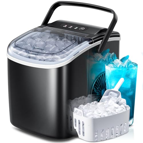 Ice Makers Countertop with Handle, 2 Sizes of Ice, 9 Bullet Ice Cubes in 6 Mins, 26Lbs/24H, Portable Ice Maker with Self-Cleaning, Ice Machine for Home&Kitchen&Office&Party