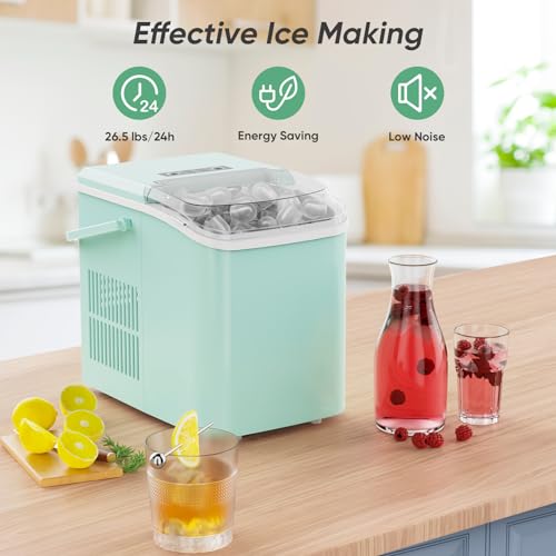 Countertop Ice Maker with Handle, 26lbs/24H Portable Ice Machine, 9 Bullet Ice Cubes Ready in 6 Mins, Self-Cleaning, Quiet Compact Ice Maker for Home, Kitchen, RV, Camping