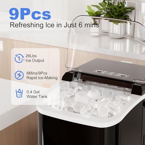 Ice Makers Countertop with Handle, Portable Ice Machine, 9 Bullet Cubes in 6 Mins, 26lbs in 24Hrs, Auto-Cleaning, with Basket and Scoop, for Home, Kitchen, RV, Camping,
