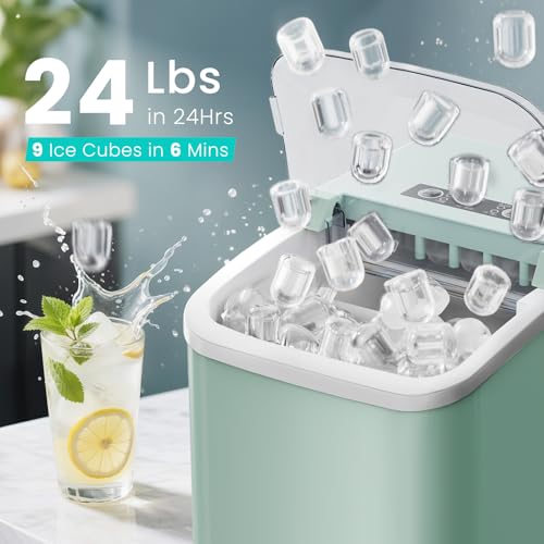Ice Maker Machine with Handle,26lbs in 24Hrs,9 Ice Cubes in 6 Mins,Auto-Cleaning Portable Ice Maker with Basket and Scoop, Countertop Ice Maker for Home/Kitchen/Camping/RV