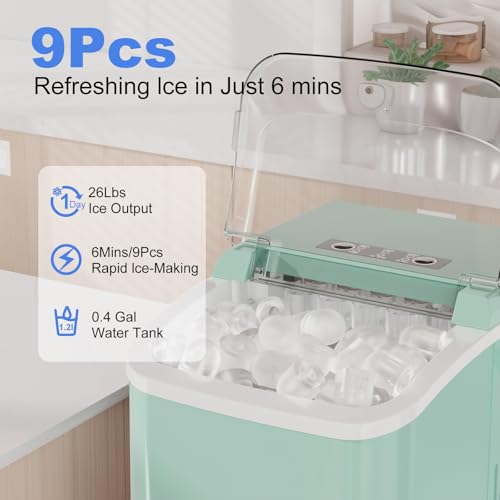 Ice Makers Countertop with Handle, Portable Ice Machine, 9 Bullet Cubes in 6 Mins, 26lbs in 24Hrs, Auto-Cleaning, with Basket and Scoop, for Home, Kitchen, RV, Camping,