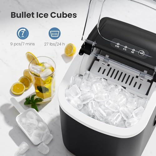 Ice Makers Countertop with Handle, 2 Sizes of Ice, 9 Bullet Ice Cubes in 6 Mins, 26Lbs/24H, Portable Ice Maker with Self-Cleaning, Ice Machine for Home&Kitchen&Office&Party