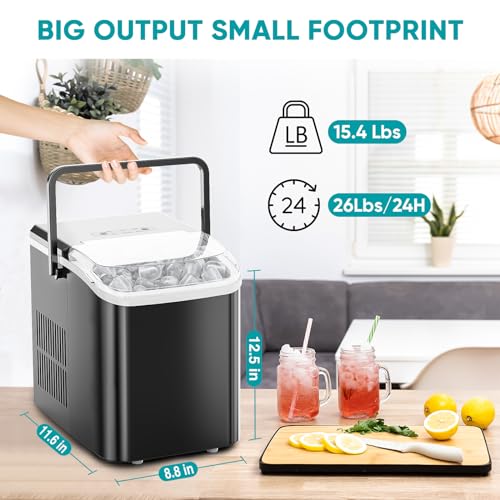 Ice Makers Countertop with Handle, Portable Ice Machine, 9 Bullet Cubes in 6 Mins, 26lbs in 24Hrs, Auto-Cleaning, with Basket and Scoop, for Home, Kitchen, RV, Camping,