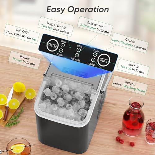 Countertop Ice Maker with Handle, 26lbs/24H Portable Ice Machine, 9 Bullet Cubes Ready in 6 Mins, Self-Cleaning, Quiet Compact for Home, Kitchen, RV, Camping,