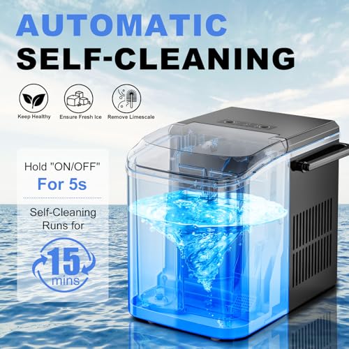 Ice Makers Countertop with Handle, Portable Ice Machine, 9 Bullet Cubes in 6 Mins, 26lbs in 24Hrs, Auto-Cleaning, with Basket and Scoop, for Home, Kitchen, RV, Camping,