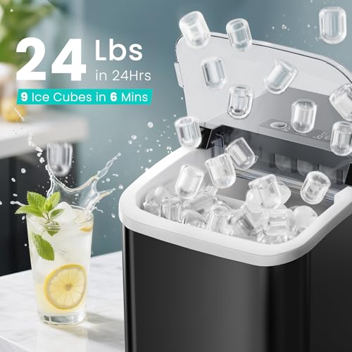 Ice Maker Machine with Handle,26lbs in 24Hrs,9 Ice Cubes in 6 Mins,Auto-Cleaning Portable Ice Maker with Basket and Scoop, Countertop Ice Maker for Home/Kitchen/Camping/RV