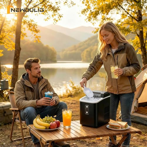 Nugget Ice Makers Countertop, Portable Nugget Ice Machine, Ready in 6 Mins, 24lbs in 24Hrs, Auto-Cleaning, with Basket and Scoop, for Home, Kitchen, RV, Camping, Black