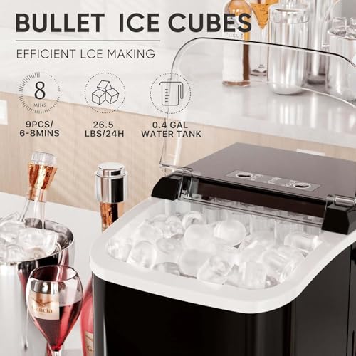 Countertop Ice Maker with Handle, 26lbs/24H Portable Ice Machine, 9 Bullet Ice Cubes Ready in 6 Mins, Self-Cleaning, Quiet Compact Ice Maker for Home, Kitchen, RV, Camping