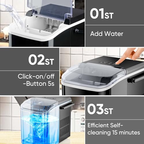 Countertop Ice Maker with Handle, 26lbs/24H Portable Ice Machine, 9 Bullet Ice Cubes Ready in 6 Mins, Self-Cleaning, Quiet Compact Ice Maker for Home, Kitchen, RV, Camping
