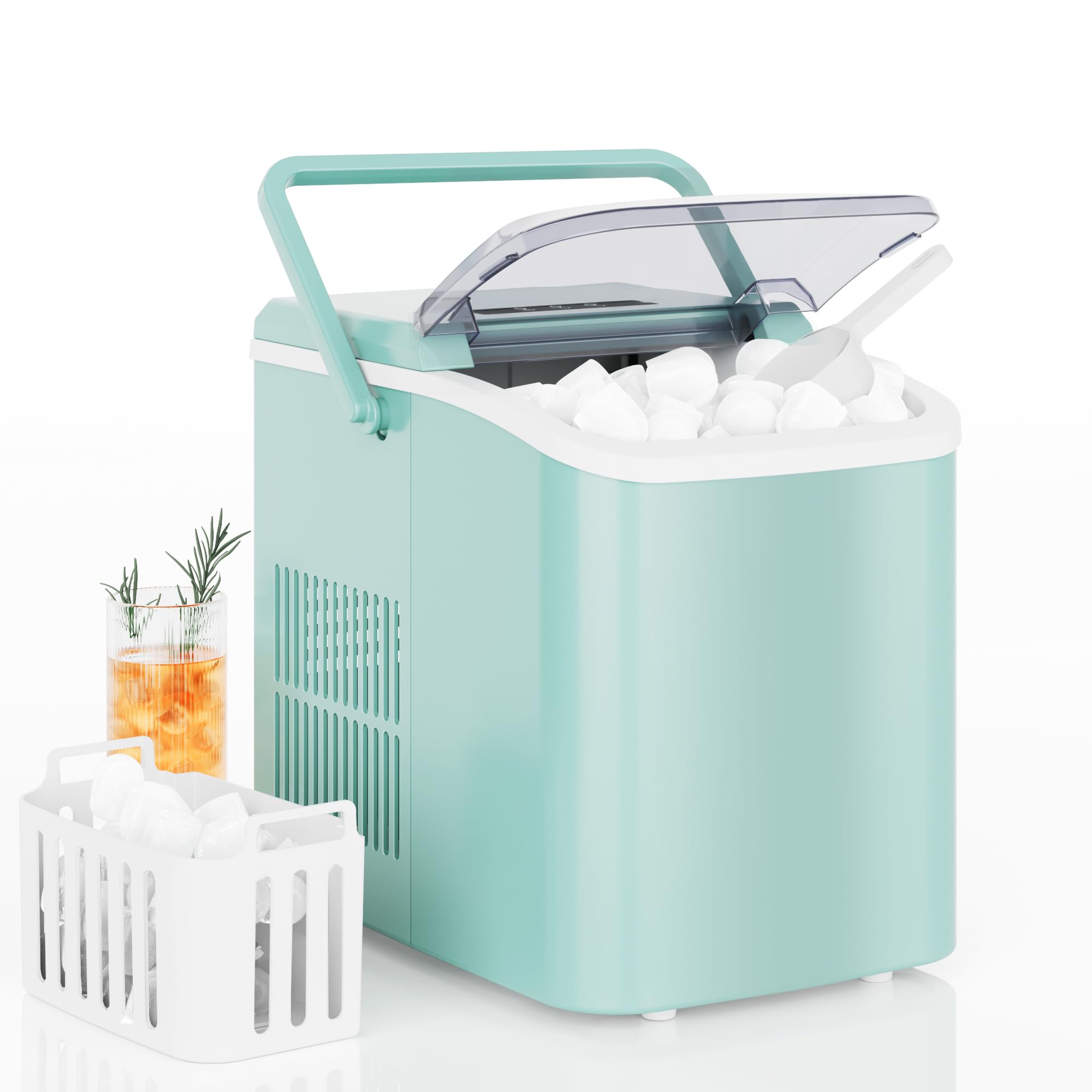 Countertop Ice Maker with Handle, 26lbs/24H Portable Ice Machine, 9 Bullet Cubes Ready in 6 Mins, Self-Cleaning, Quiet Compact for Home, Kitchen, RV, Camping,
