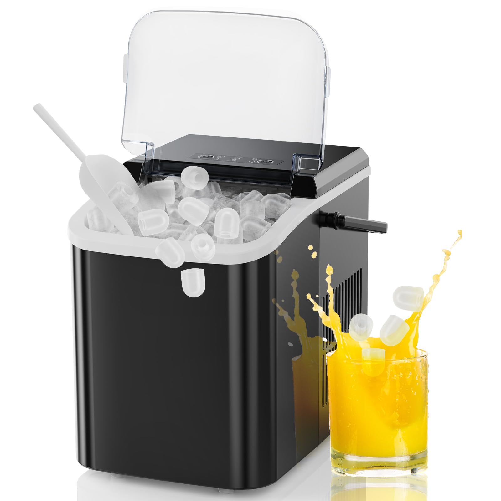 Ice Makers Countertop with Handle, Portable Ice Machine, 9 Bullet Cubes in 6 Mins, 26lbs in 24Hrs, Auto-Cleaning, with Basket and Scoop, for Home, Kitchen, RV, Camping,