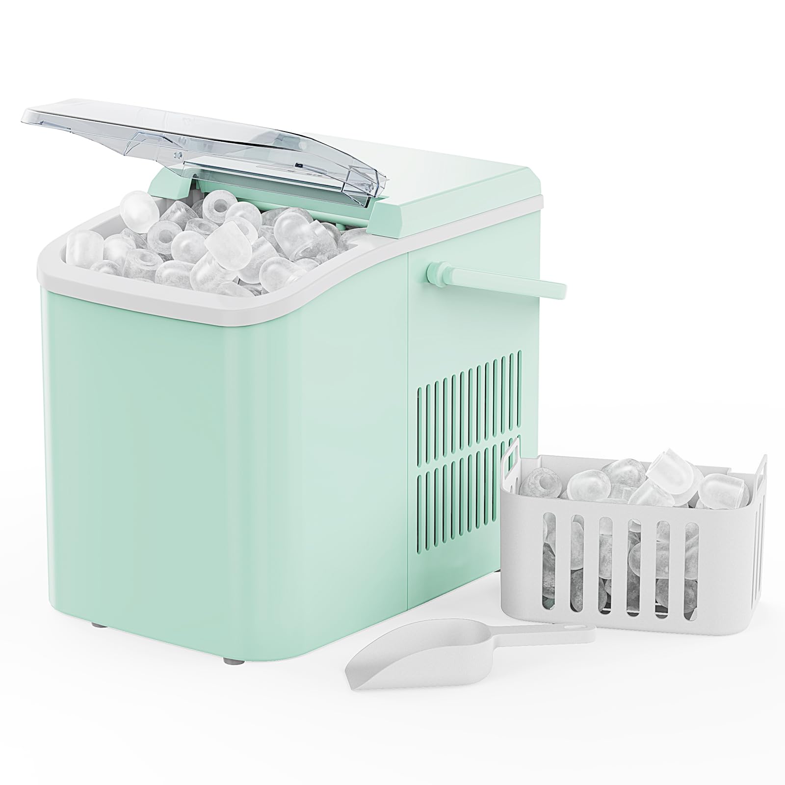 Ice Makers Countertop with Handle, Portable Ice Machine, 9 Bullet Cubes in 6 Mins, 26lbs in 24Hrs, Auto-Cleaning, with Basket and Scoop, for Home, Kitchen, RV, Camping,