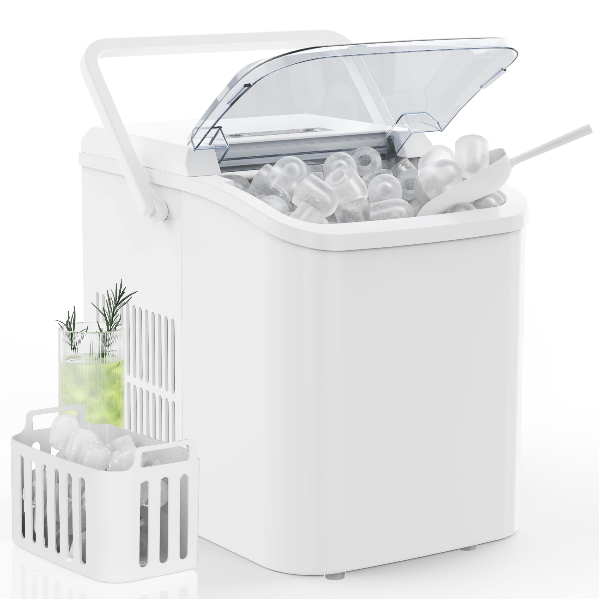 Countertop Ice Maker with Handle, 26lbs/24H Portable Ice Machine, 9 Bullet Ice Cubes Ready in 6 Mins, Self-Cleaning, Quiet Compact Ice Maker for Home, Kitchen, RV, Camping