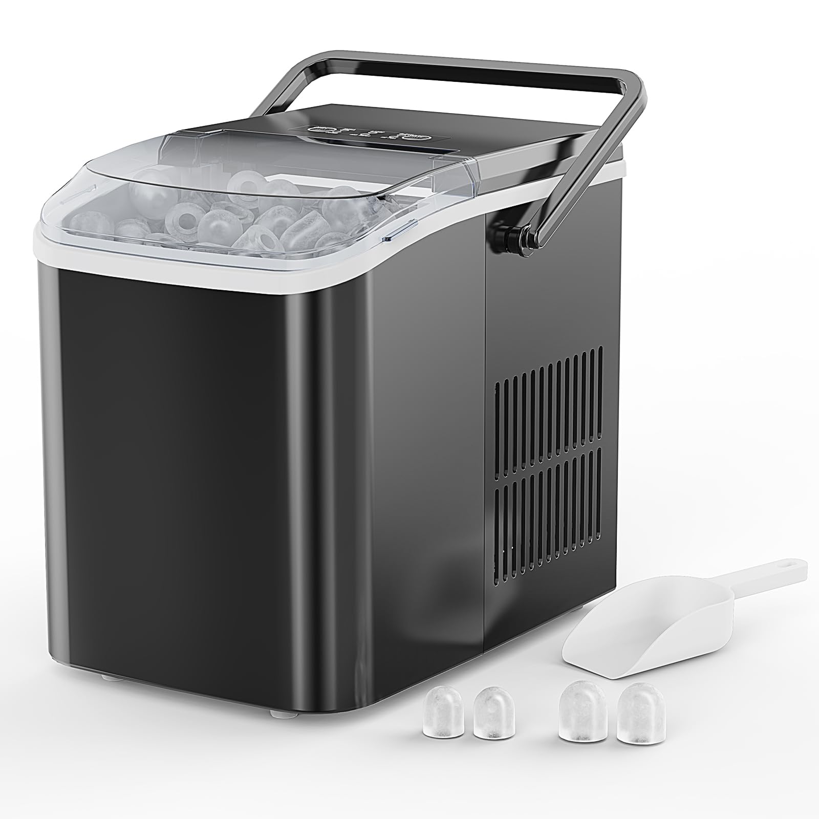 Ice Makers Countertop with Handle, Portable Ice Machine, 9 Bullet Cubes in 6 Mins, 26lbs in 24Hrs, Auto-Cleaning, with Basket and Scoop, for Home, Kitchen, RV, Camping,