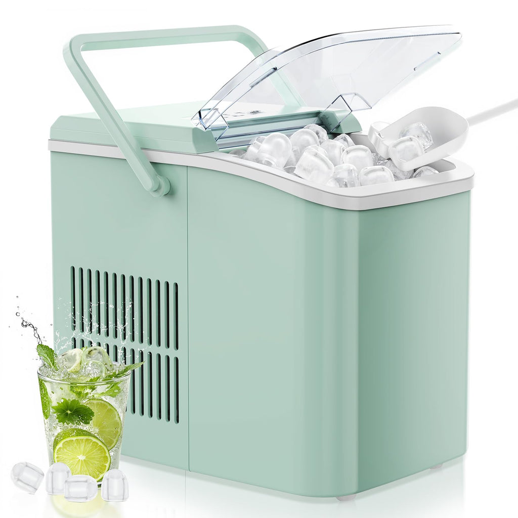 Ice Maker Machine with Handle,26lbs in 24Hrs,9 Ice Cubes in 6 Mins,Auto-Cleaning Portable Ice Maker with Basket and Scoop, Countertop Ice Maker for Home/Kitchen/Camping/RV