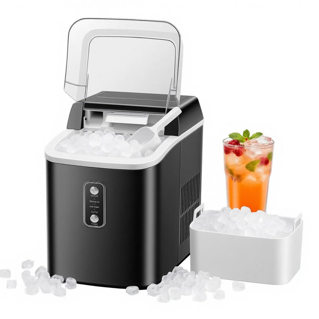 Nugget Ice Makers Countertop, Portable Nugget Ice Machine, Ready in 6 Mins, 24lbs in 24Hrs, Auto-Cleaning, with Basket and Scoop, for Home, Kitchen, RV, Camping, Black