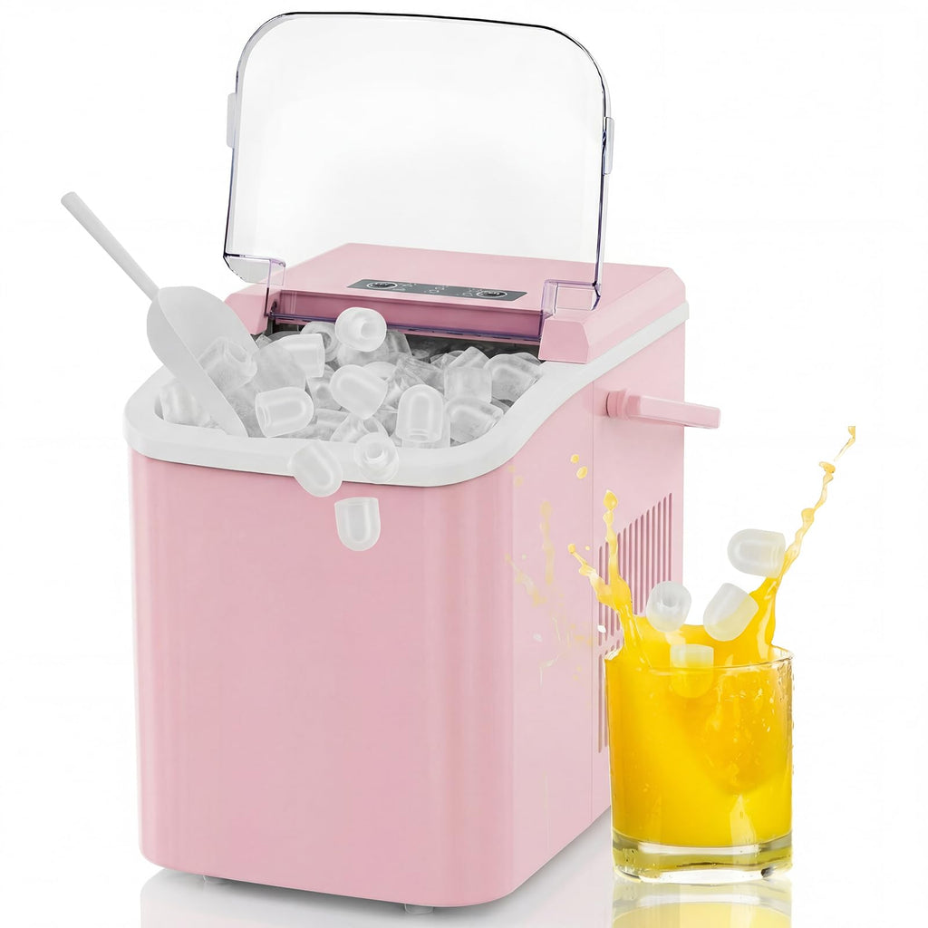 Ice Makers Countertop with Handle, Portable Ice Machine, 9 Bullet Cubes in 6 Mins, 26lbs in 24Hrs, Auto-Cleaning, with Basket and Scoop, for Home, Kitchen, RV, Camping,