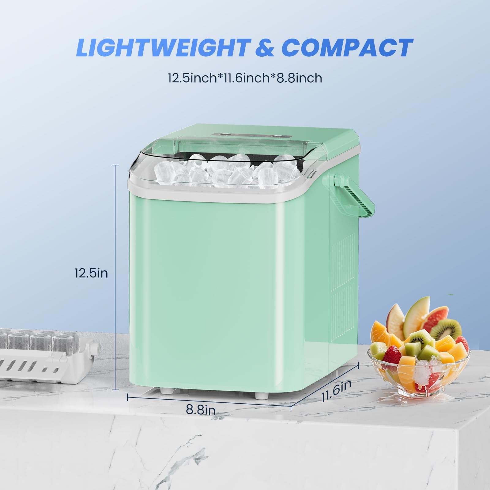 Ice Makers Countertop with Handle, Portable Ice Machine, 9 Bullet Cubes in 6 Mins, 26lbs in 24Hrs, Auto-Cleaning, with Basket and Scoop, for Home, Kitchen, RV, Camping,