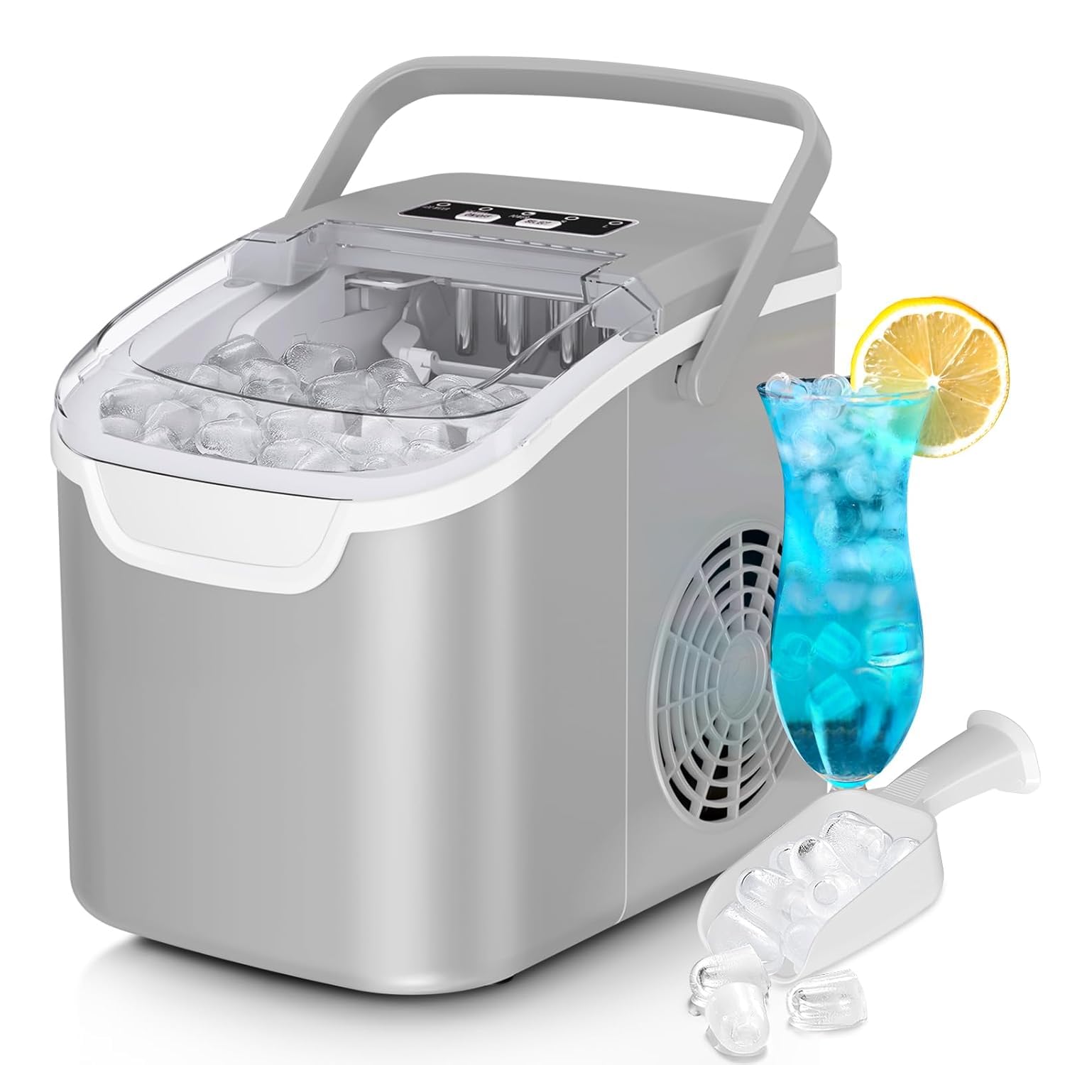 Ice Maker Machine, 8 Ice Cubes in 6 mins, 26lb/Day Bullet Ice with 2 Sizes- Portable Mini, Energy Saving & Basket/Scoop for Home/Party/Travel/Camping/Bar,Grey