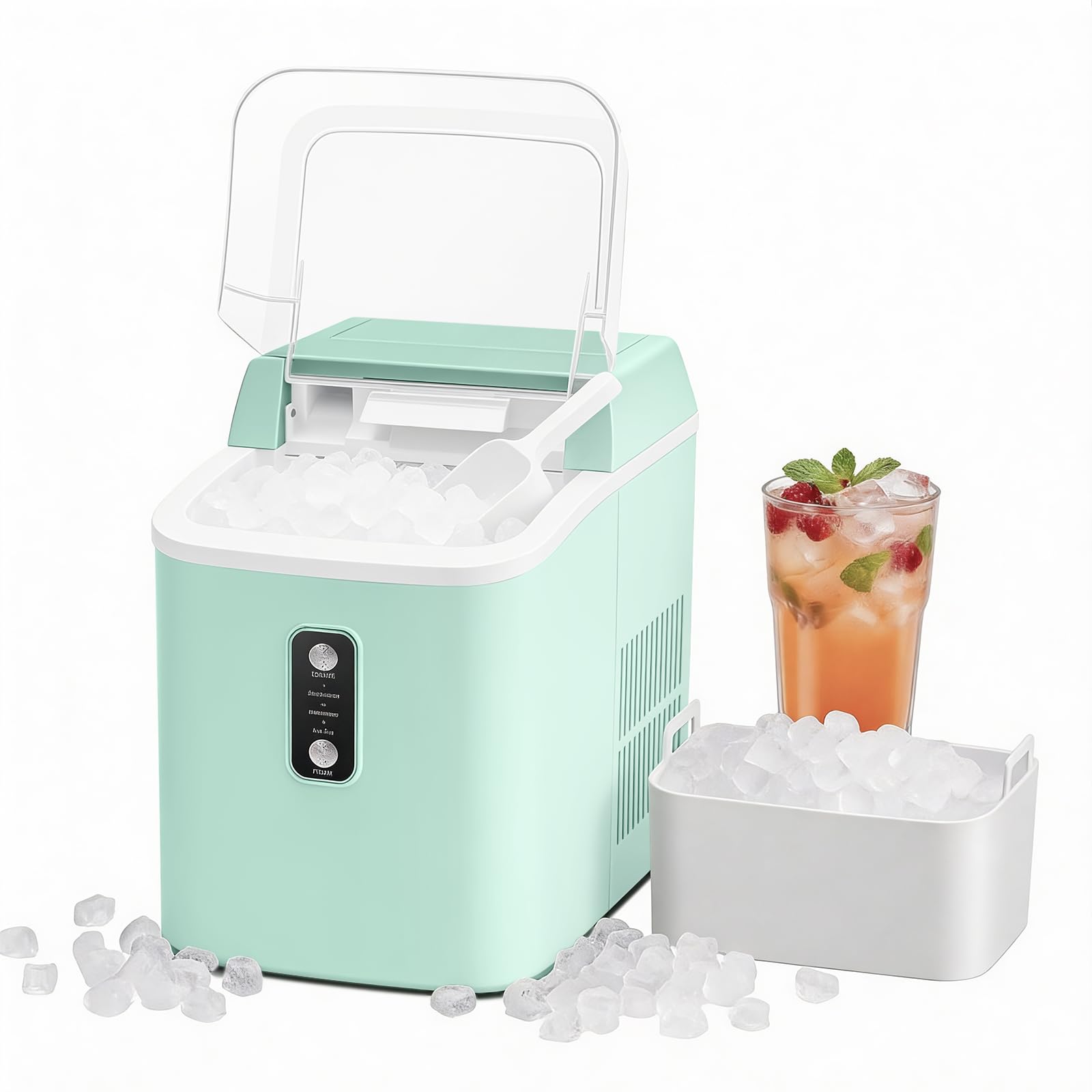 Nugget Ice Makers Countertop, Portable Nugget Ice Machine, Ready in 6 Mins, 24lbs in 24Hrs, Auto-Cleaning, with Basket and Scoop, for Home, Kitchen, RV, Camping, Black