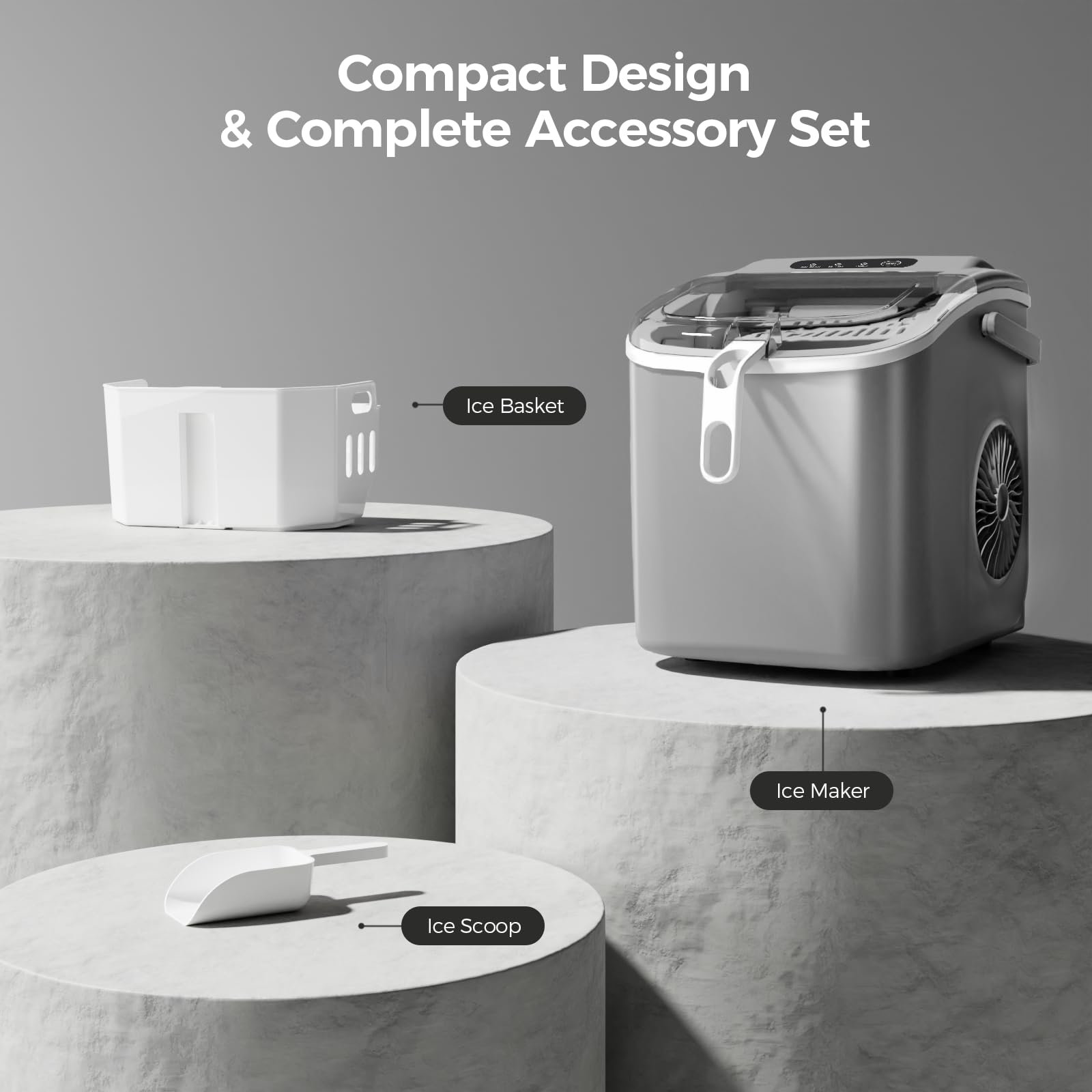 Ice Makers Countertop with Handle, 2 Sizes of Ice, 9 Bullet Ice Cubes in 6 Mins, 26Lbs/24H, Portable Ice Maker with Self-Cleaning, Ice Machine for Home&Kitchen&Office&Party
