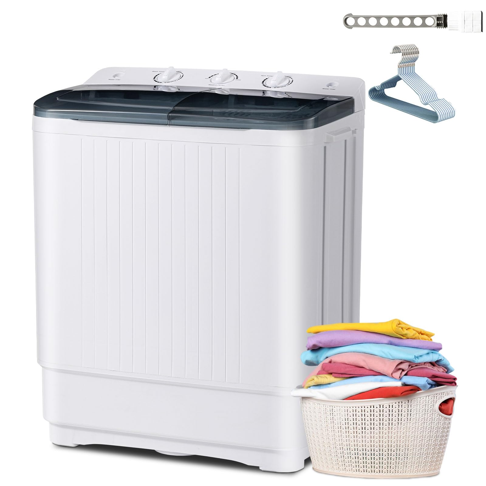 Portable Twin Tub 18lbs Washing Machine with Drying Rack and 10 Hangers, 11lbs Washer Mini Compact Laundry Machine with 7lbs Spinner, Semi-automatic Washer Combo for Dorms, Apartment
