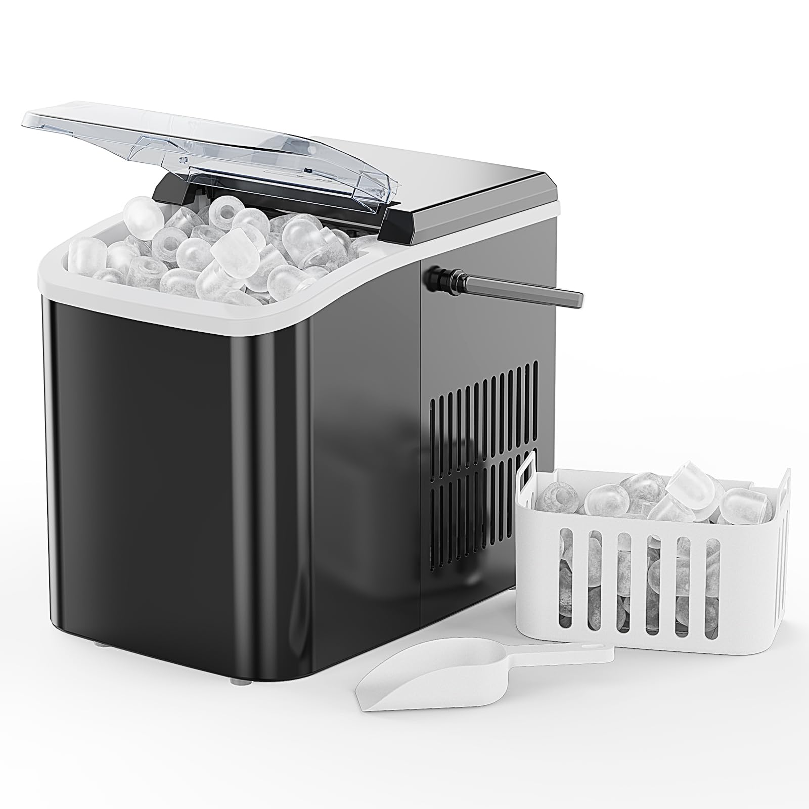 Ice Makers Countertop with Handle, Portable Ice Machine, 9 Bullet Cubes in 6 Mins, 26lbs in 24Hrs, Auto-Cleaning, with Basket and Scoop, for Home, Kitchen, RV, Camping,