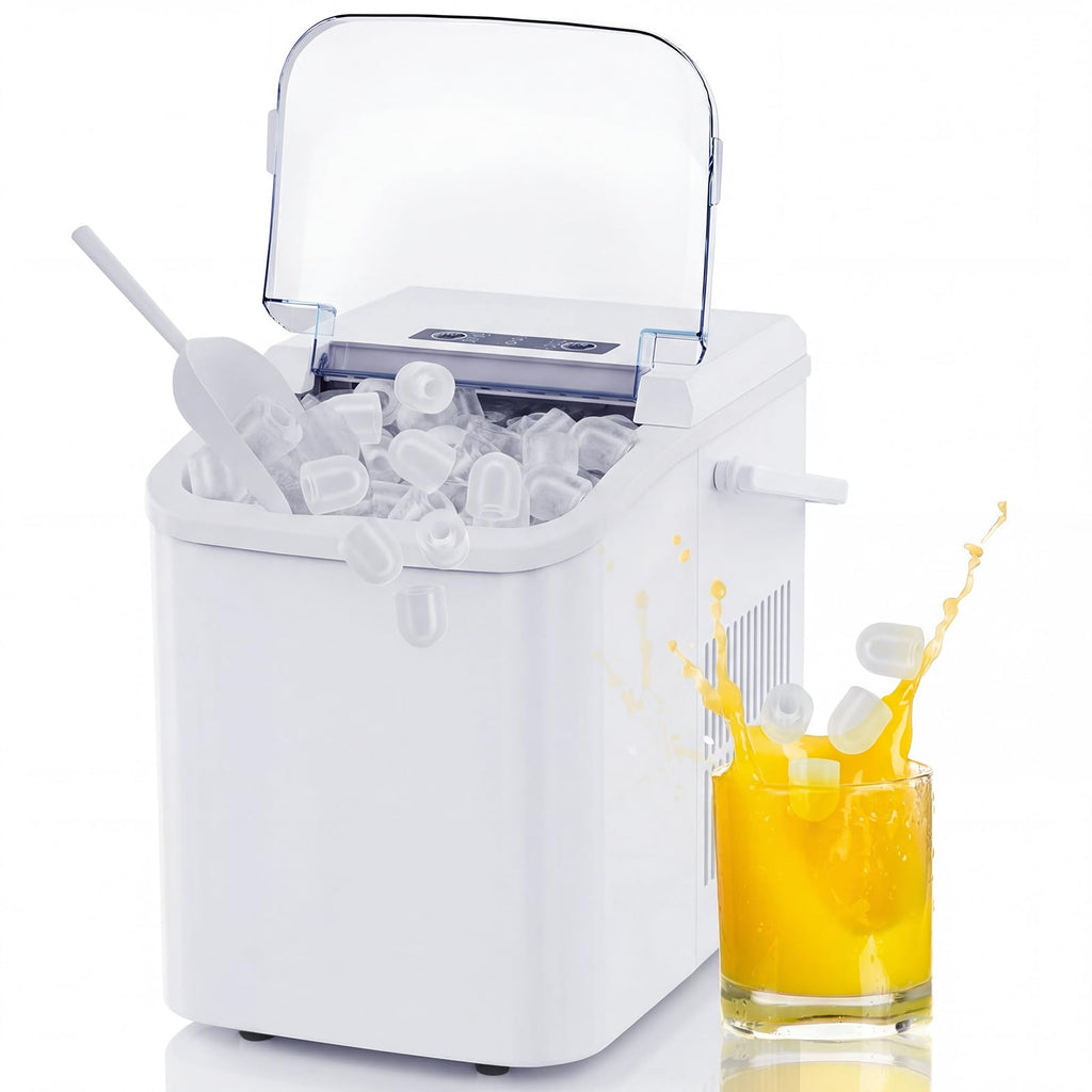 Ice Makers Countertop with Handle, Portable Ice Machine, 9 Bullet Cubes in 6 Mins, 26lbs in 24Hrs, Auto-Cleaning, with Basket and Scoop, for Home, Kitchen, RV, Camping,