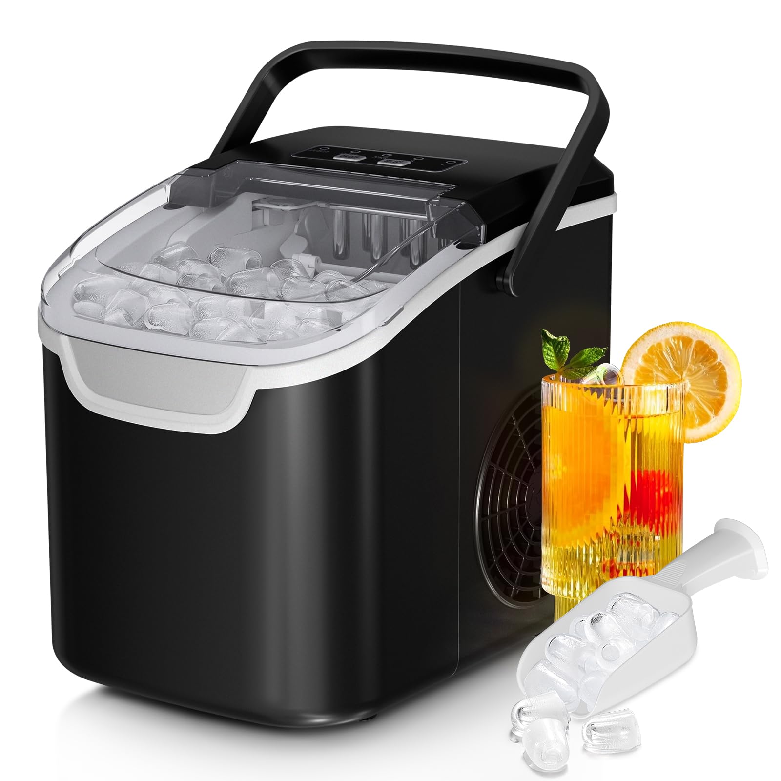 Ice Maker Machine, 8 Ice Cubes in 6 mins, 26lb/Day Bullet Ice with 2 Sizes- Portable Mini, Energy Saving & Basket/Scoop for Home/Party/Travel/Camping/Bar,Grey