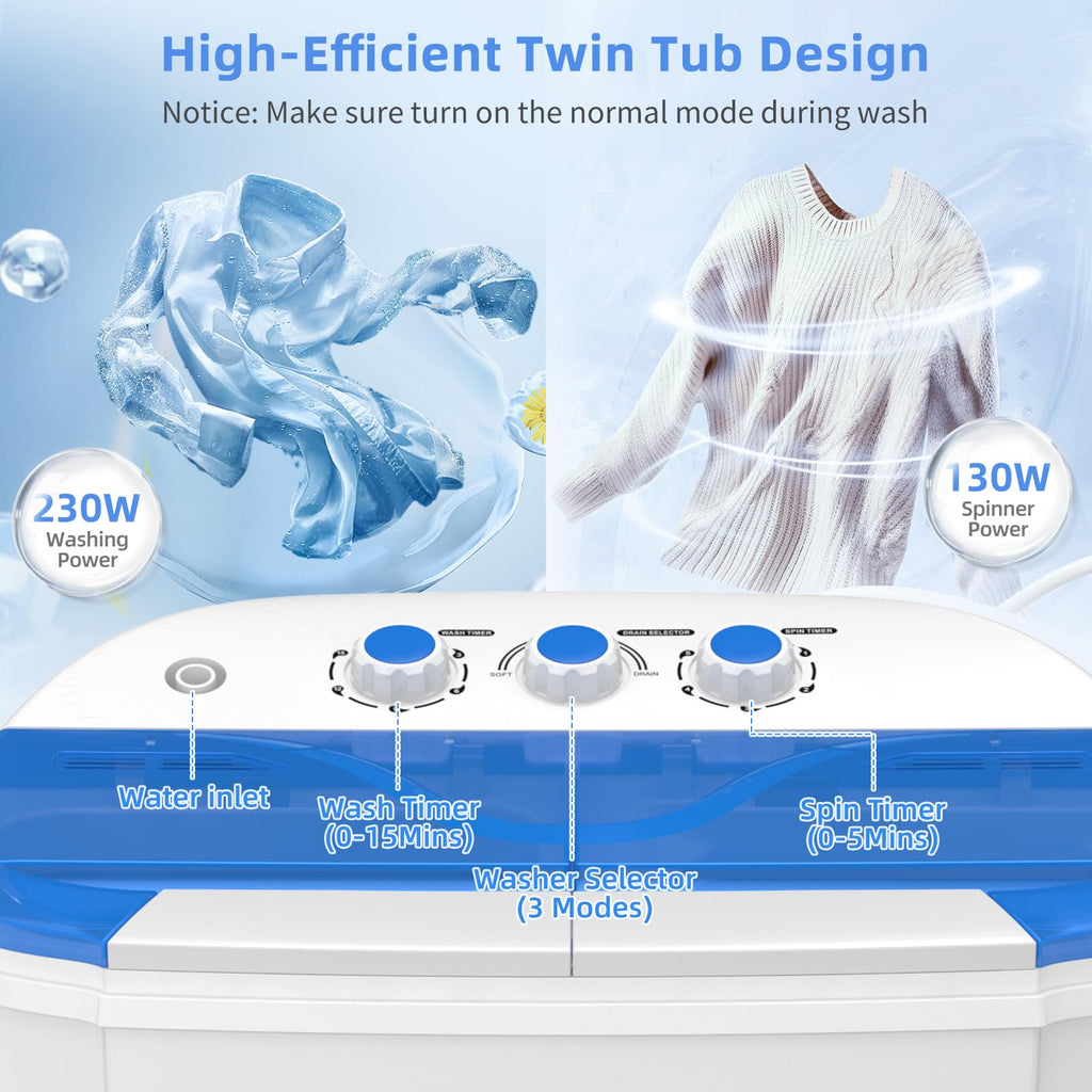 Portable Washing Machine, Twin Tub Washing Machine Laundry Compact Washer spinner Combo with 14lbs capacity, 9Lbs Washer and 5Lbs Spinner dryer for Apartments RVs and Dorms