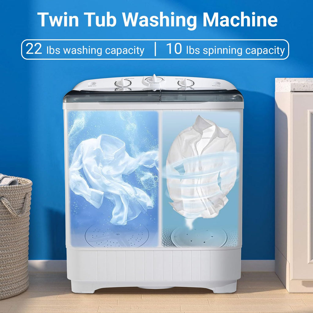 Portable Twin Tub 18lbs Washing Machine with Drying Rack and 10 Hangers, 11lbs Washer Mini Compact Laundry Machine with 7lbs Spinner, Semi-automatic Washer Combo for Dorms, Apartment