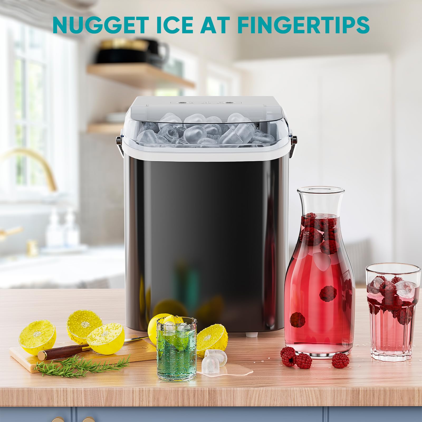 Ice Makers Countertop with Handle, Portable Ice Machine, 9 Bullet Cubes in 6 Mins, 26lbs in 24Hrs, Auto-Cleaning, with Basket and Scoop, for Home, Kitchen, RV, Camping,