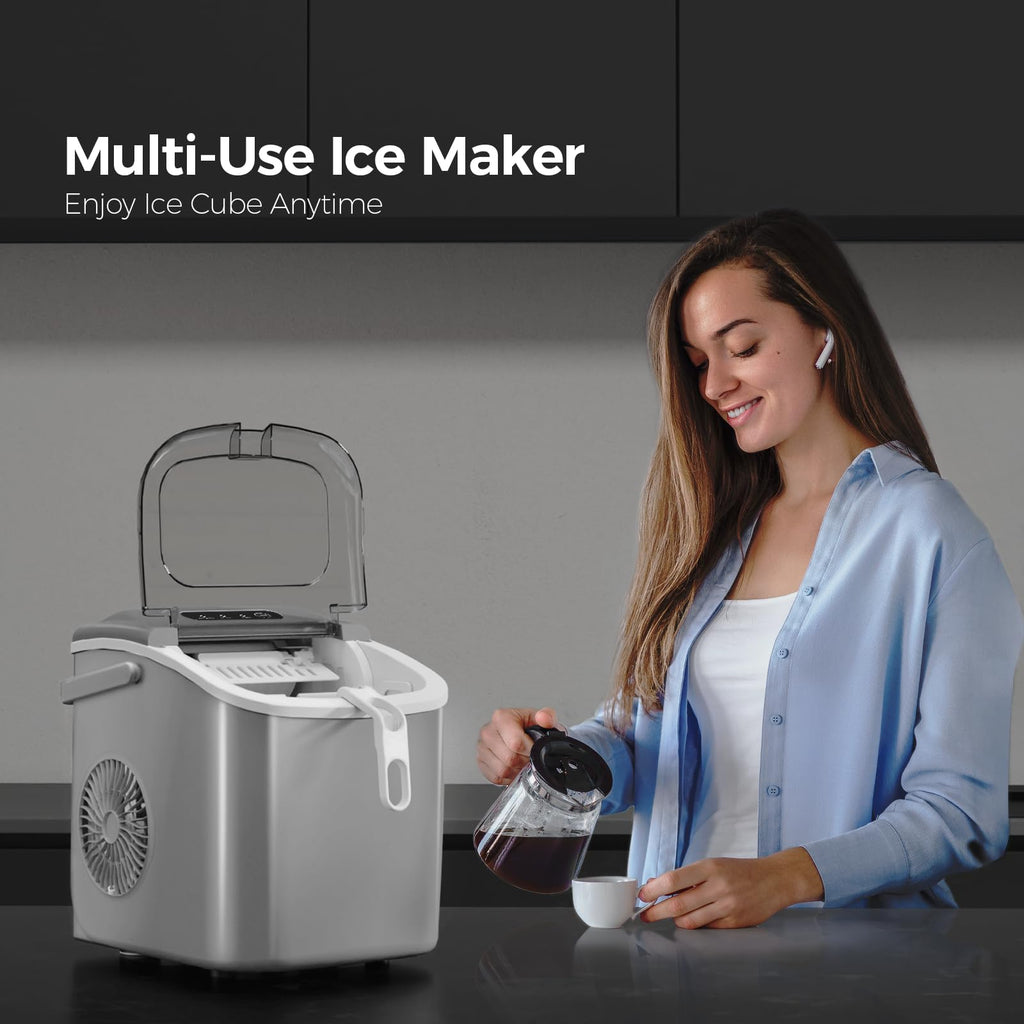 Ice Makers Countertop with Handle, 2 Sizes of Ice, 9 Bullet Ice Cubes in 6 Mins, 26Lbs/24H, Portable Ice Maker with Self-Cleaning, Ice Machine for Home&Kitchen&Office&Party