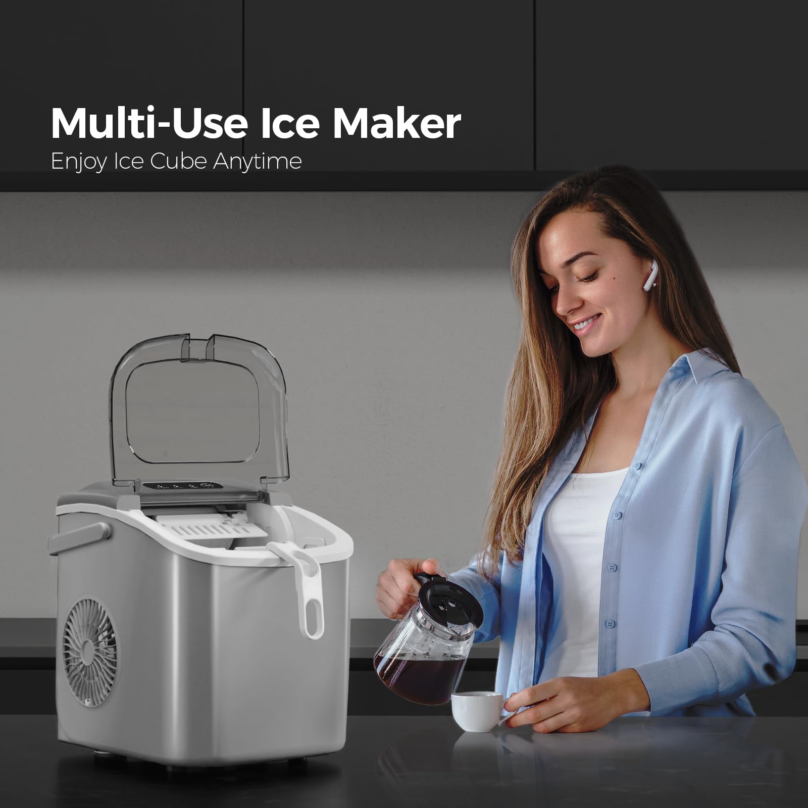 Ice Makers Countertop with Handle, 2 Sizes of Ice, 9 Bullet Ice Cubes in 6 Mins, 26Lbs/24H, Portable Ice Maker with Self-Cleaning, Ice Machine for Home&Kitchen&Office&Party