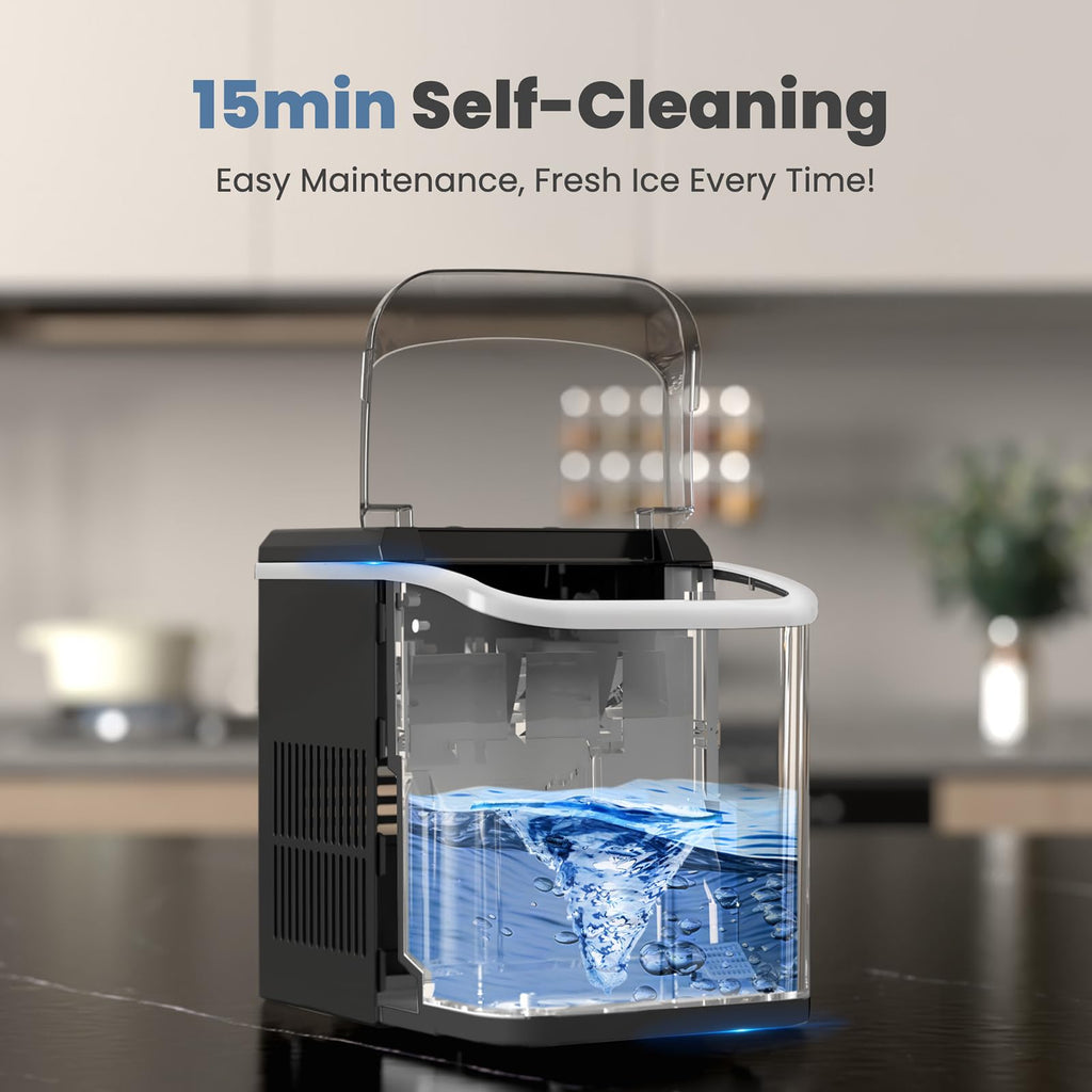 Countertop Ice Maker with Handle, 26lbs/24H Portable Ice Machine, 9 Bullet Cubes Ready in 6 Mins, Self-Cleaning, Quiet Compact for Home, Kitchen, RV, Camping,
