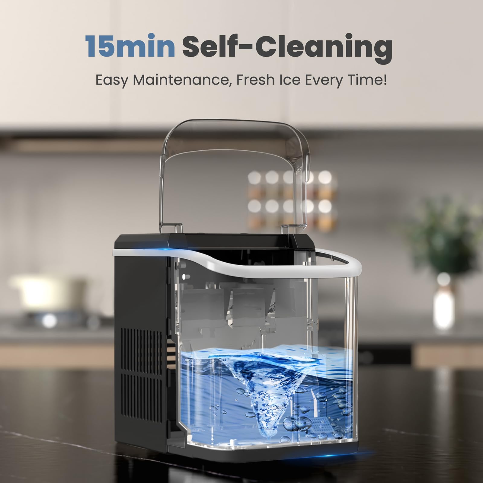 Countertop Ice Maker with Handle, 26lbs/24H Portable Ice Machine, 9 Bullet Cubes Ready in 6 Mins, Self-Cleaning, Quiet Compact for Home, Kitchen, RV, Camping,