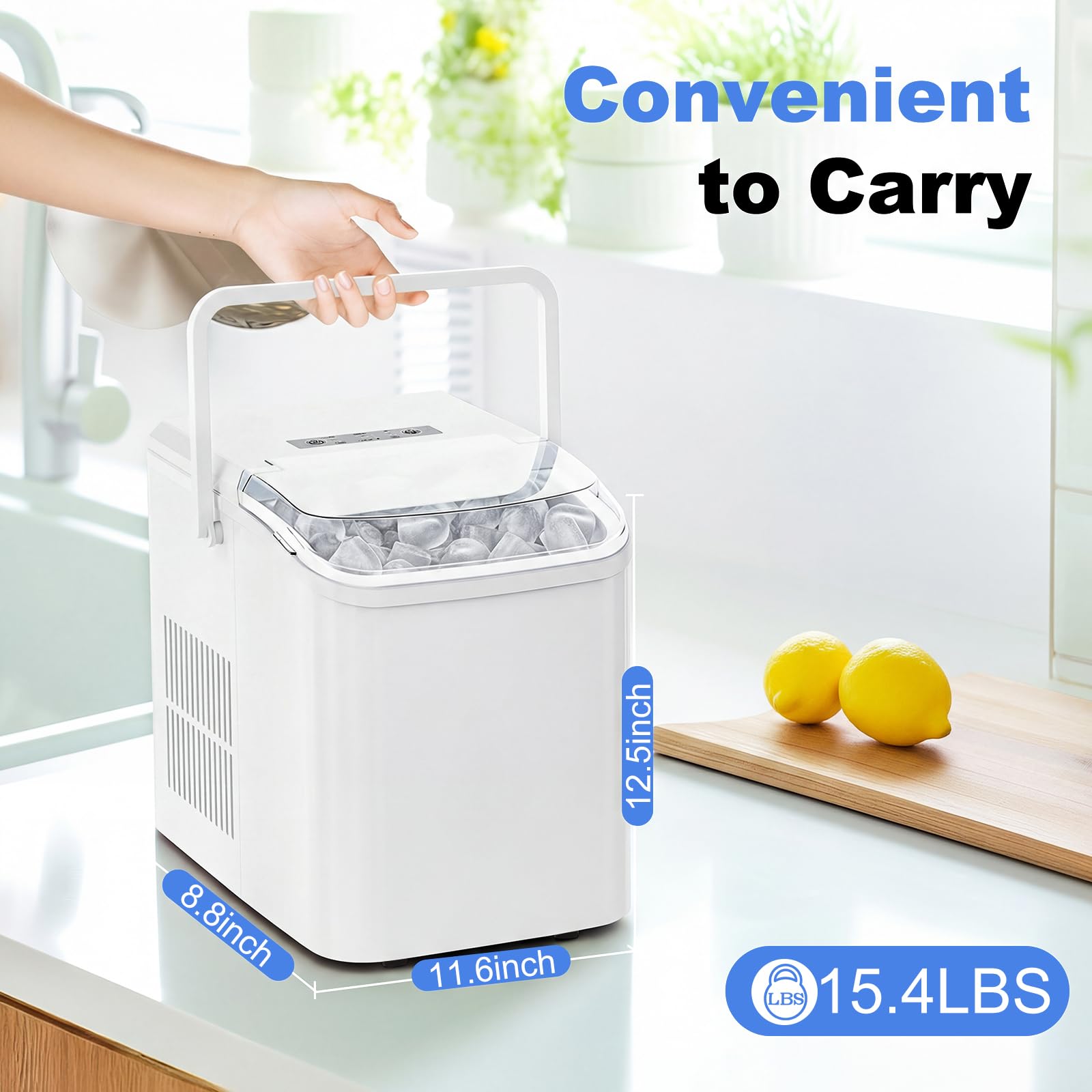 Ice Makers Countertop with Handle, Portable Ice Machine, 9 Bullet Cubes in 6 Mins, 26lbs in 24Hrs, Auto-Cleaning, with Basket and Scoop, for Home, Kitchen, RV, Camping,