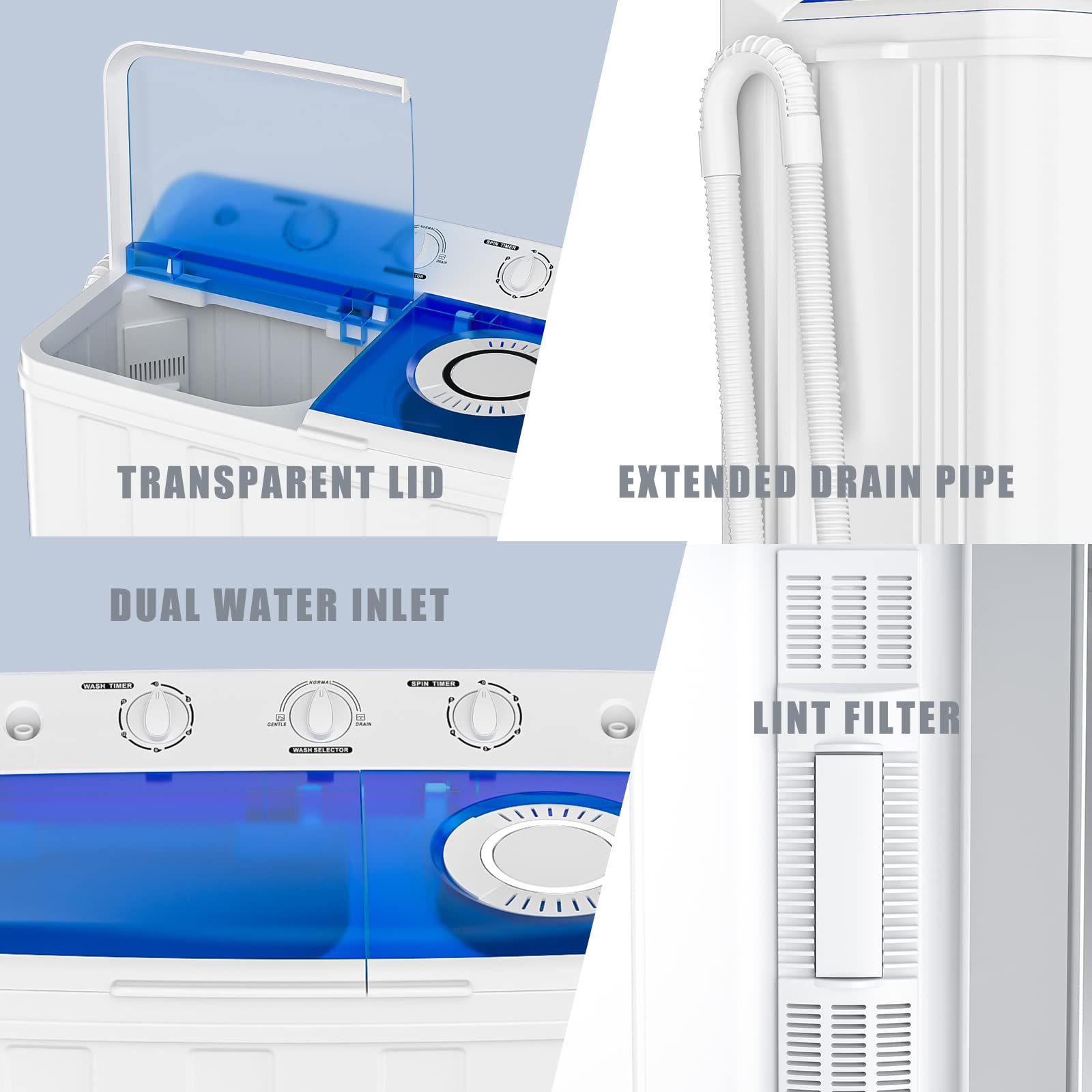Portable Washing Machine, Twin Tub Washing Machine Laundry Compact Washer spinner Combo with 14lbs capacity, 9Lbs Washer and 5Lbs Spinner dryer for Apartments RVs and Dorms