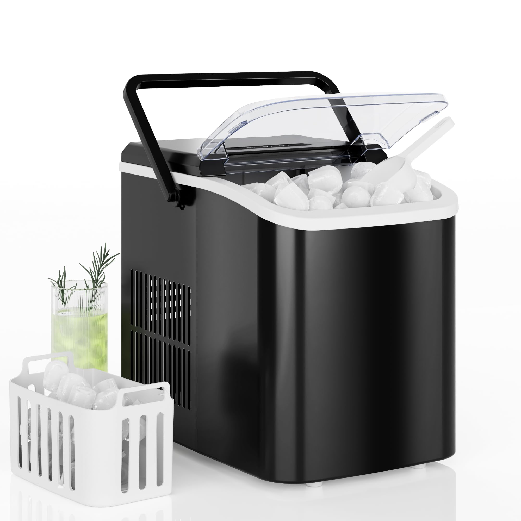 Countertop Ice Maker with Handle, 26lbs/24H Portable Ice Machine, 9 Bullet Ice Cubes Ready in 6 Mins, Self-Cleaning, Quiet Compact Ice Maker for Home, Kitchen, RV, Camping