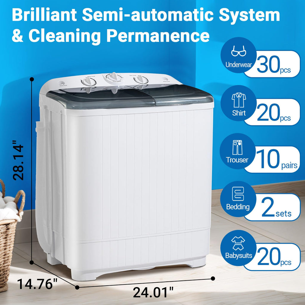 Portable Twin Tub 18lbs Washing Machine with Drying Rack and 10 Hangers, 11lbs Washer Mini Compact Laundry Machine with 7lbs Spinner, Semi-automatic Washer Combo for Dorms, Apartment