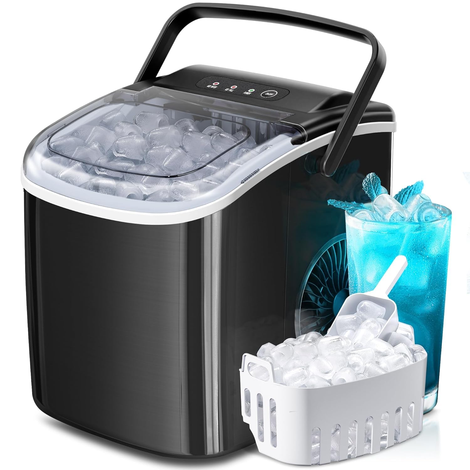 Ice Makers Countertop with Handle, 2 Sizes of Ice, 9 Bullet Ice Cubes in 6 Mins, 26Lbs/24H, Portable Ice Maker with Self-Cleaning, Ice Machine for Home&Kitchen&Office&Party