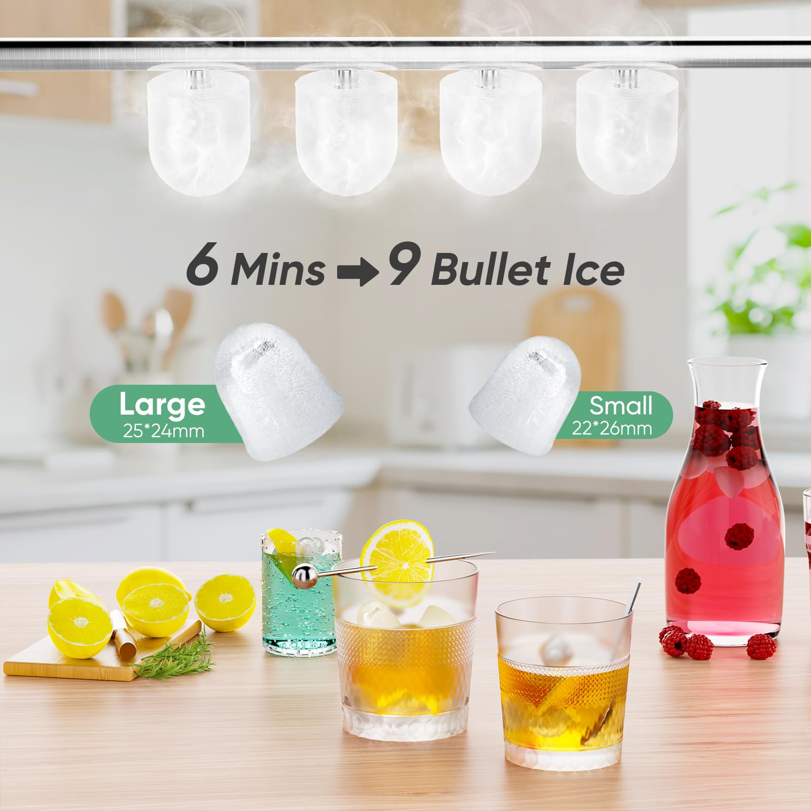 Countertop Ice Maker with Handle, 26lbs/24H Portable Ice Machine, 9 Bullet Ice Cubes Ready in 6 Mins, Self-Cleaning, Quiet Compact Ice Maker for Home, Kitchen, RV, Camping