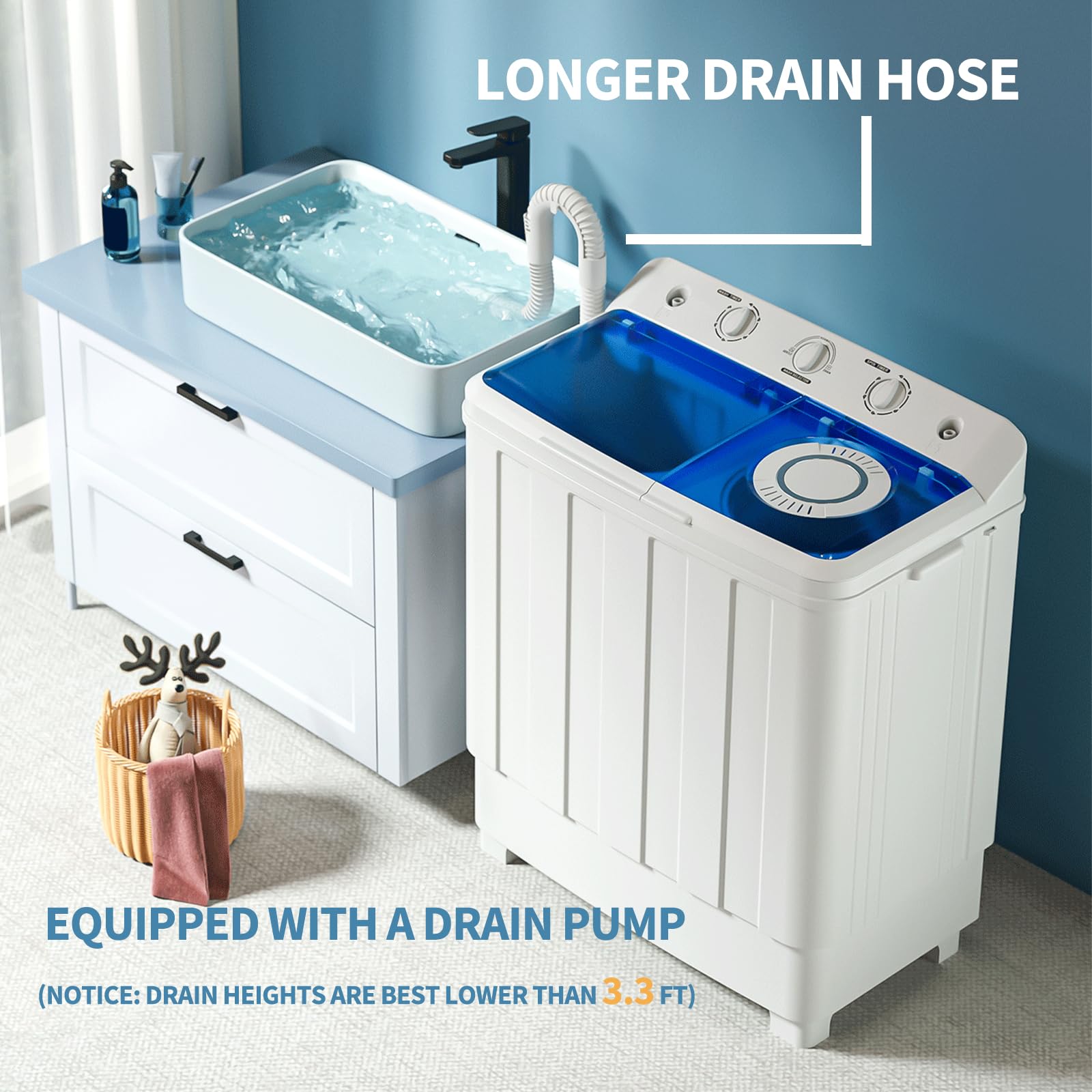 Portable Washing Machine, Twin Tub Washing Machine Laundry Compact Washer spinner Combo with 14lbs capacity, 9Lbs Washer and 5Lbs Spinner dryer for Apartments RVs and Dorms