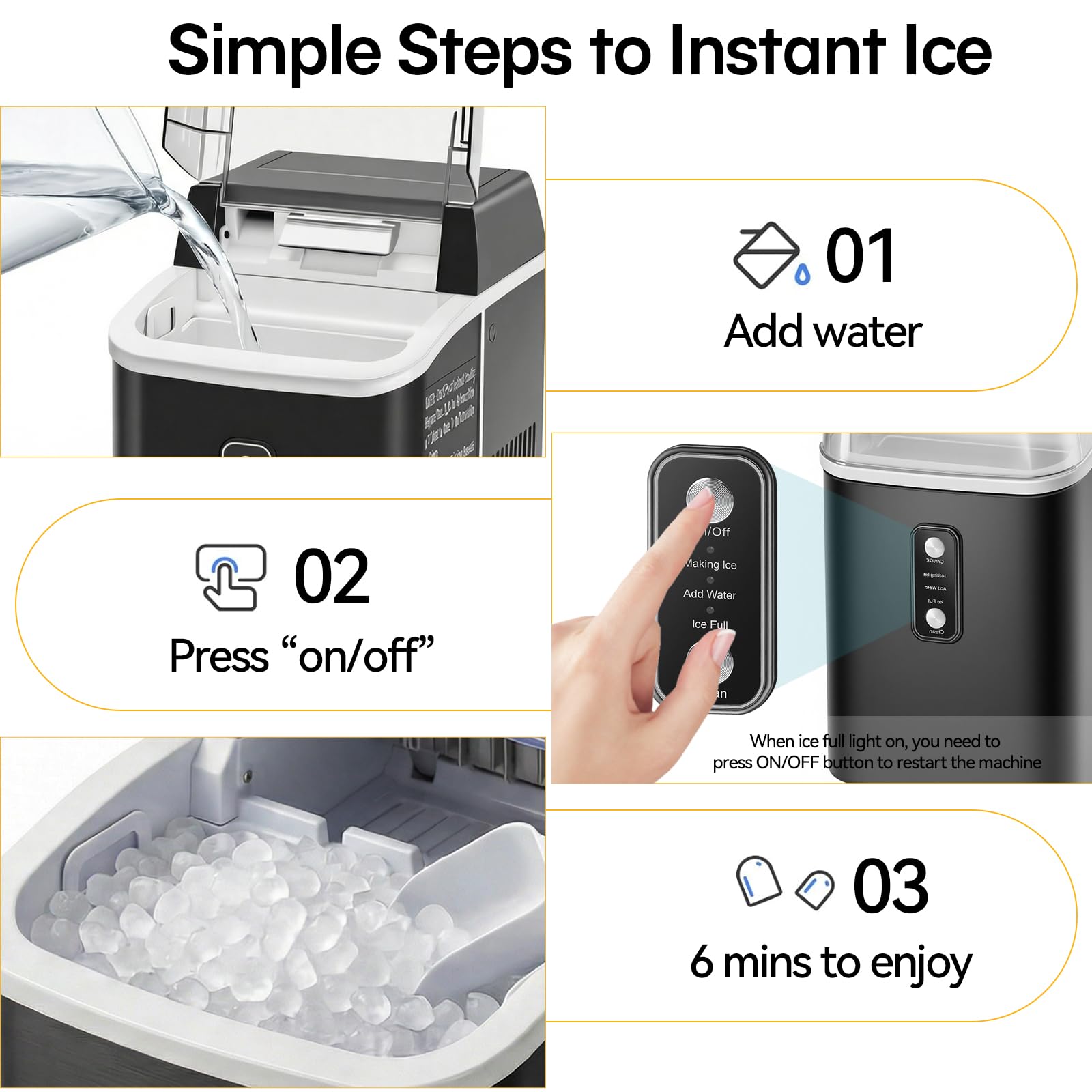 Nugget Ice Makers Countertop, Portable Nugget Ice Machine, Ready in 6 Mins, 24lbs in 24Hrs, Auto-Cleaning, with Basket and Scoop, for Home, Kitchen, RV, Camping, Black