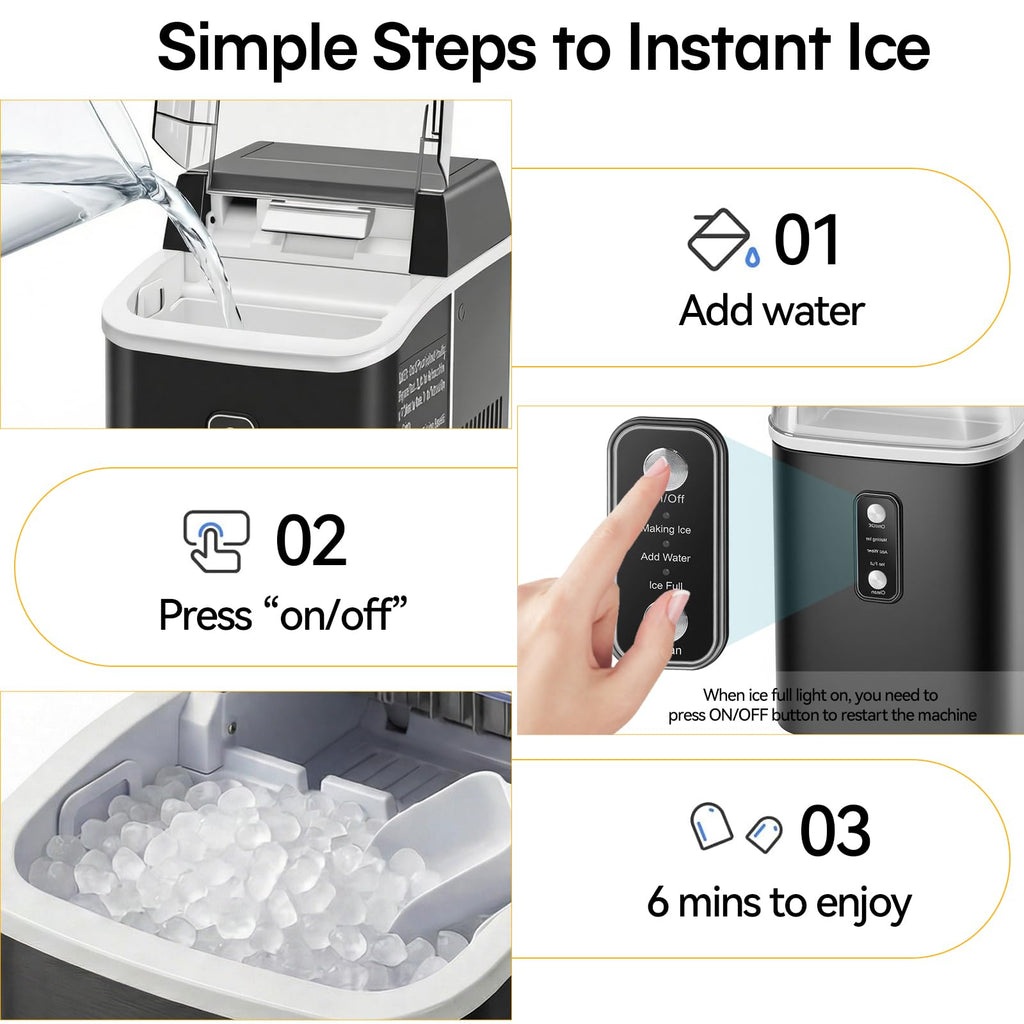 Nugget Ice Makers Countertop, Portable Nugget Ice Machine, Ready in 6 Mins, 24lbs in 24Hrs, Auto-Cleaning, with Basket and Scoop, for Home, Kitchen, RV, Camping, Black