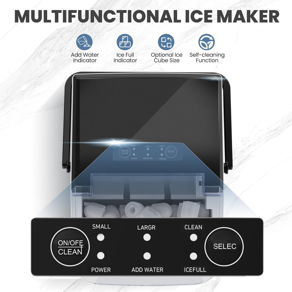 Countertop Ice Maker with Handle, 26lbs/24H Portable Ice Machine, 9 Bullet Ice Cubes Ready in 6 Mins, Self-Cleaning, Quiet Compact Ice Maker for Home, Kitchen, RV, Camping