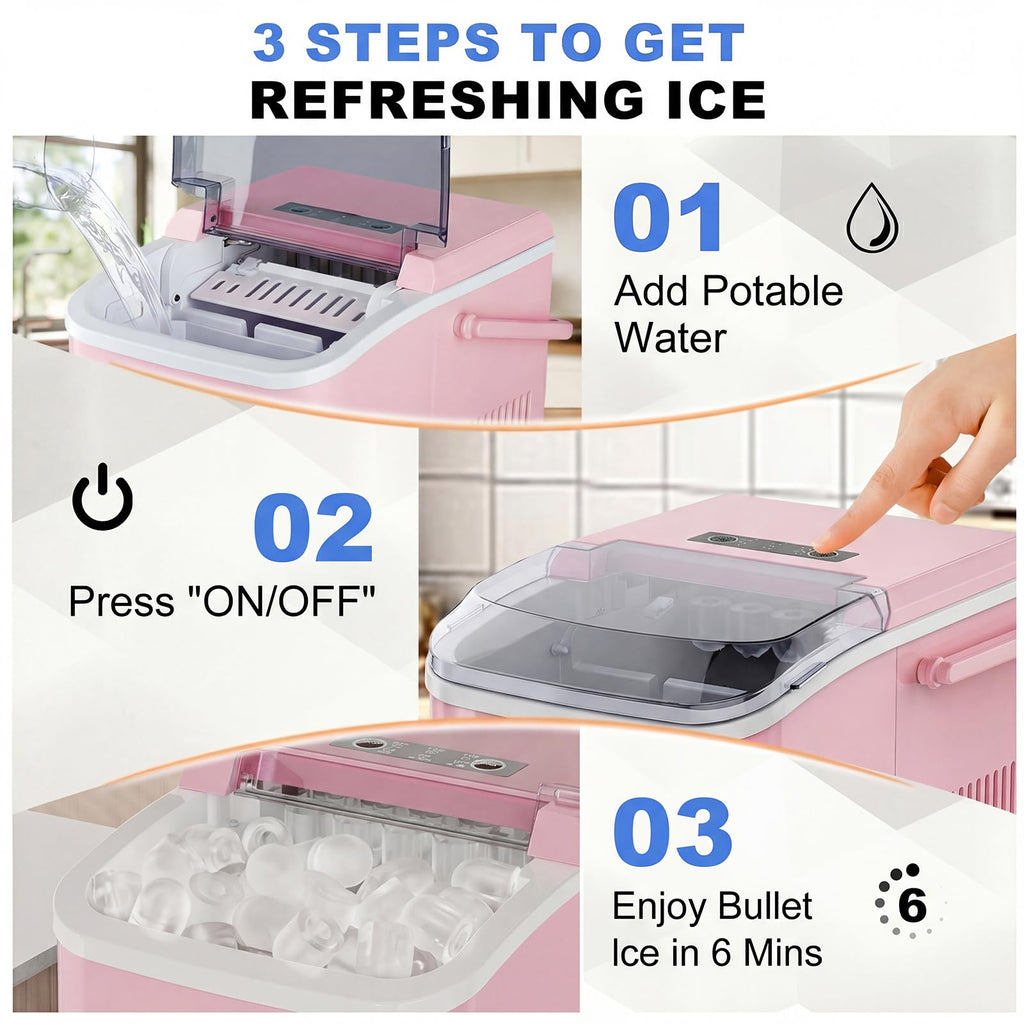 Ice Makers Countertop with Handle, Portable Ice Machine, 9 Bullet Cubes in 6 Mins, 26lbs in 24Hrs, Auto-Cleaning, with Basket and Scoop, for Home, Kitchen, RV, Camping,