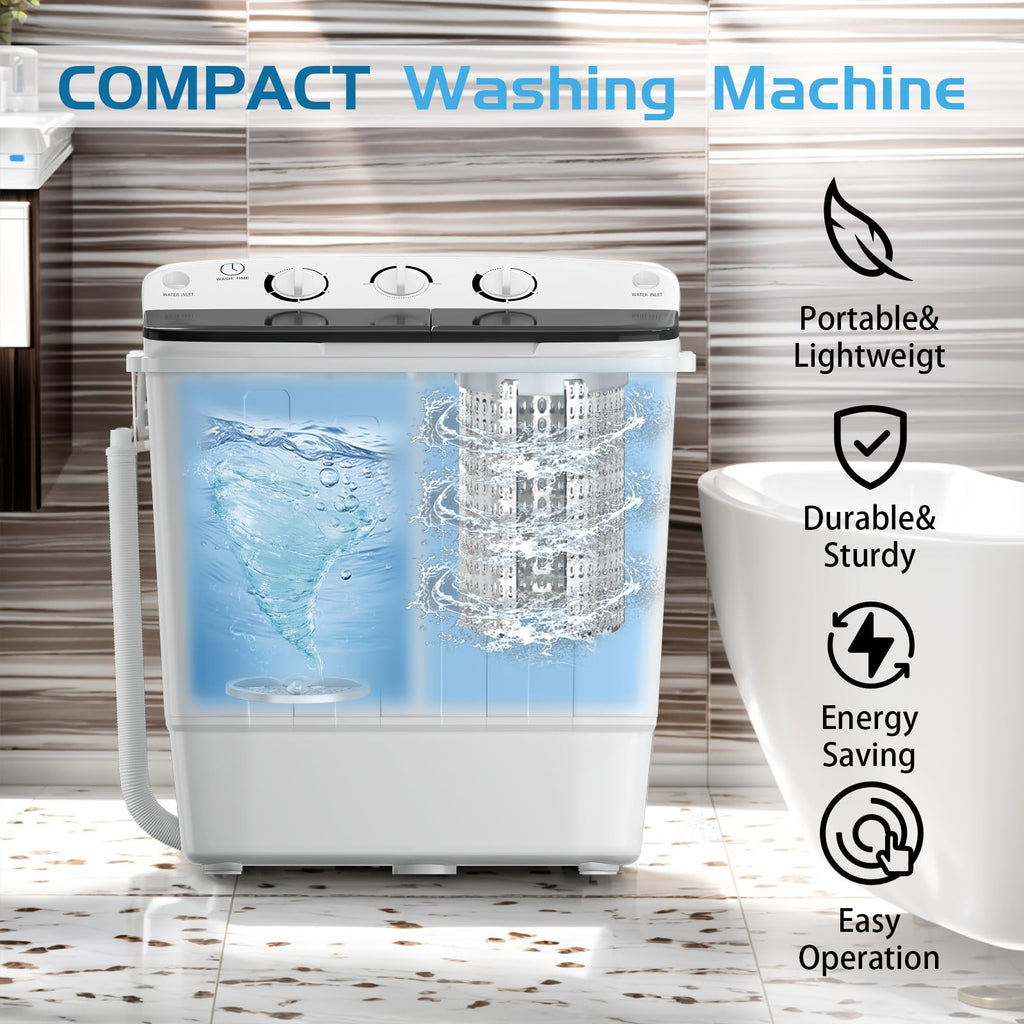 Portable Twin Tub 18lbs Washing Machine with Drying Rack and 10 Hangers, 11lbs Washer Mini Compact Laundry Machine with 7lbs Spinner, Semi-automatic Washer Combo for Dorms, Apartment