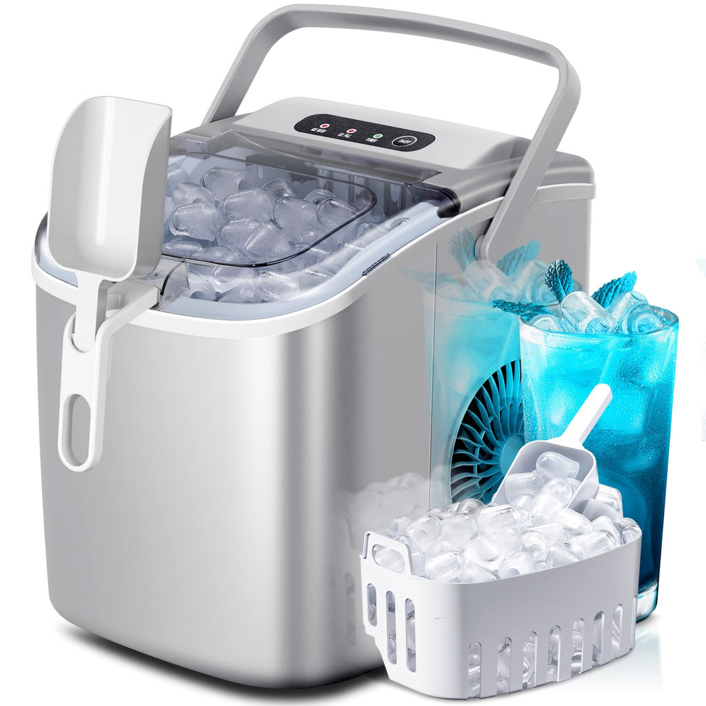 Ice Makers Countertop with Handle, 2 Sizes of Ice, 9 Bullet Ice Cubes in 6 Mins, 26Lbs/24H, Portable Ice Maker with Self-Cleaning, Ice Machine for Home&Kitchen&Office&Party