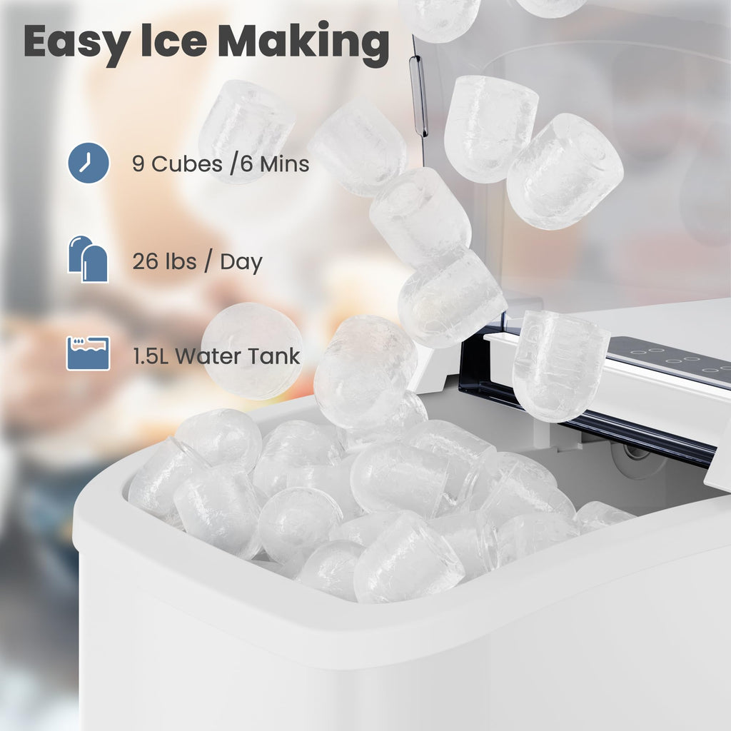 Countertop Ice Maker with Handle, 26lbs/24H Portable Ice Machine, 9 Bullet Ice Cubes Ready in 6 Mins, Self-Cleaning, Quiet Compact Ice Maker for Home, Kitchen, RV, Camping